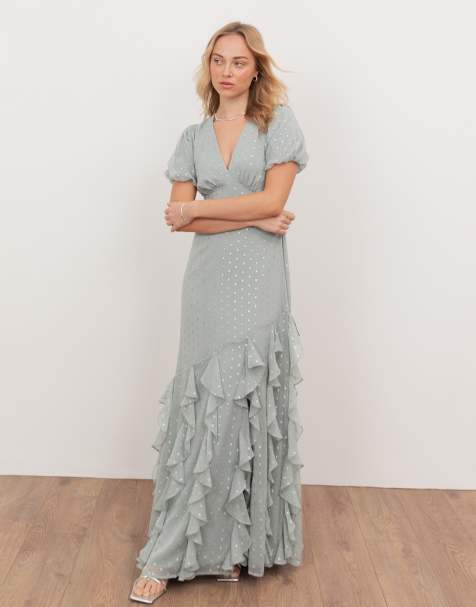Anaya Short sleeve v neck ruffle maxi dress in cloud blue