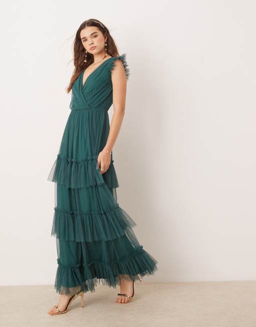 Anaya Short sleeve v neck tiered bridesmaid maxi dress in emerald green