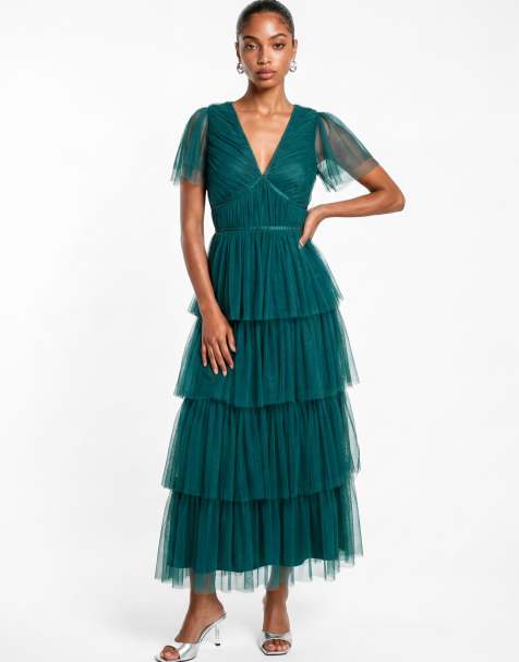 Anaya Short sleeve v neck tiered tulle midaxi dress in teal - view 1