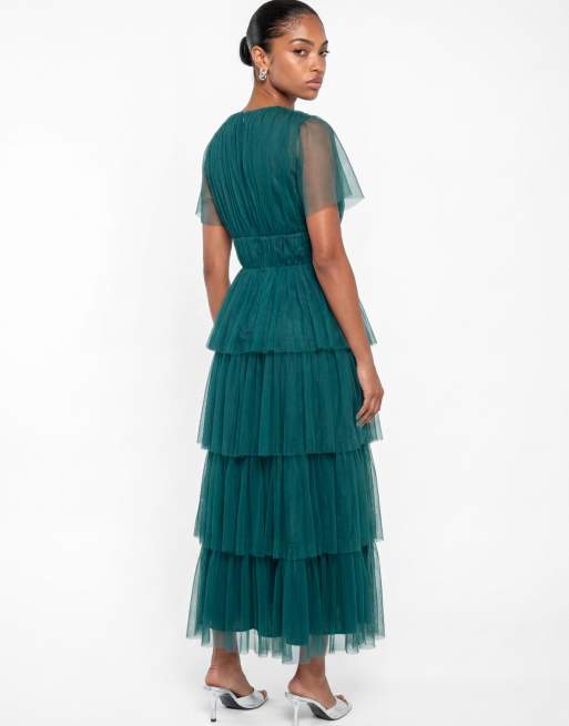 Anaya Short sleeve v neck tiered tulle midaxi dress in teal, 2 of 7
