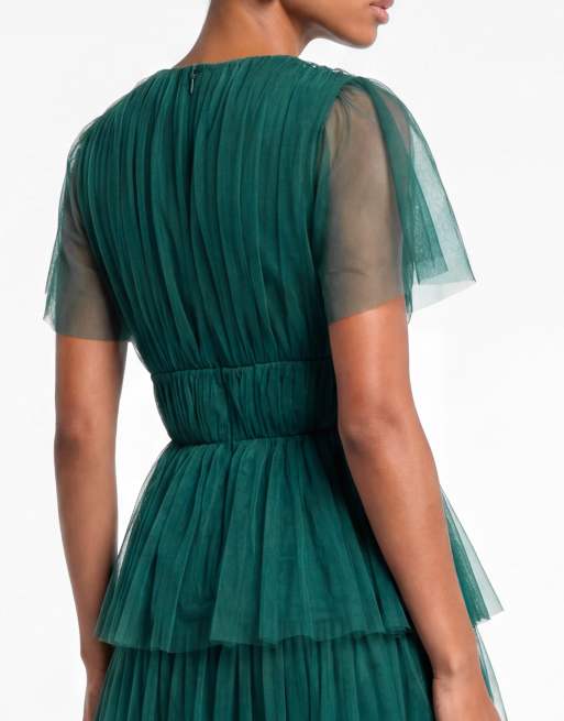Anaya Short sleeve v neck tiered tulle midaxi dress in teal, 4 of 7