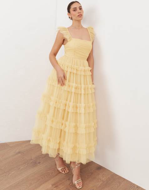 Anaya Square neck flutter sleeve frill midaxi dress in butter yellow