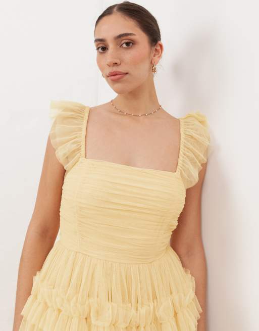 Anaya Square neck flutter sleeve frill midaxi dress in butter yellow, 2 of 4
