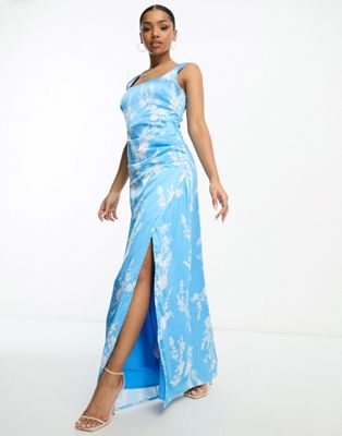 square neck satin maxi dress with wrap skirt in blue floral print