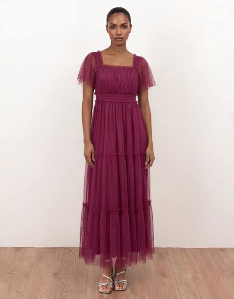 Anaya Square neck short sleeve tulle midaxi dress in cerise - view 1