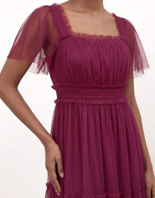 Anaya Square neck short sleeve tulle midaxi dress in cerise, 2 of 4