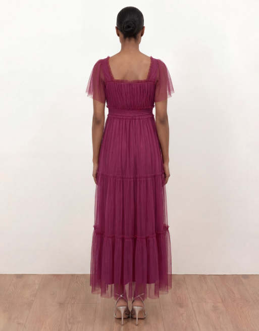 Anaya Square neck short sleeve tulle midaxi dress in cerise, 3 of 4
