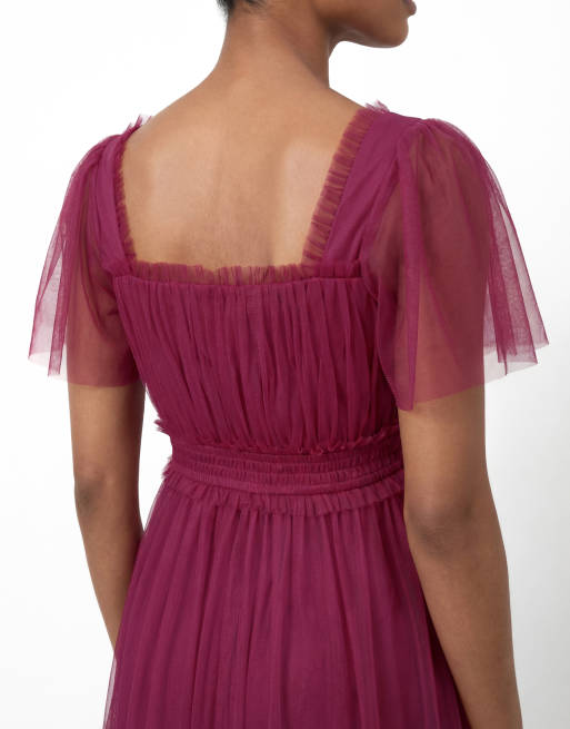 Anaya Square neck short sleeve tulle midaxi dress in cerise, 4 of 4