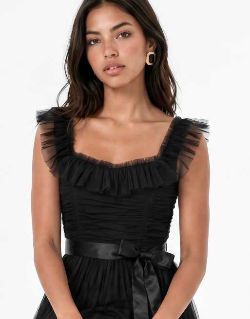 Anaya Strappy ruffle maxi dress in black, 3 of 4