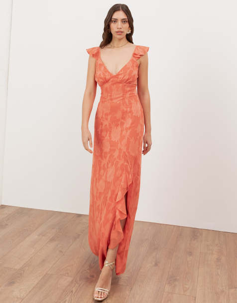 Anaya Strappy v neck ruffled maxi dress in coral