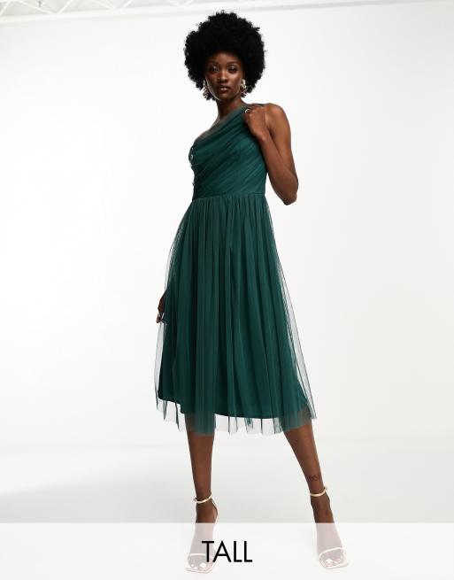 Anaya Tall Bridesmaid Midikleid aus Tull in Smaragdgrun mit One Shoulder Trager ASOS