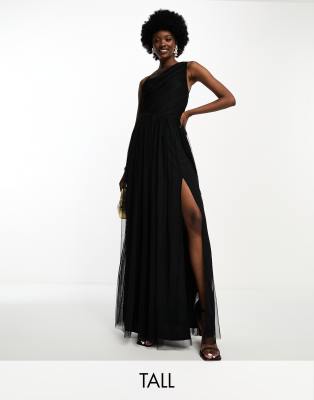 Bridesmaid tulle one shoulder maxi dress in black