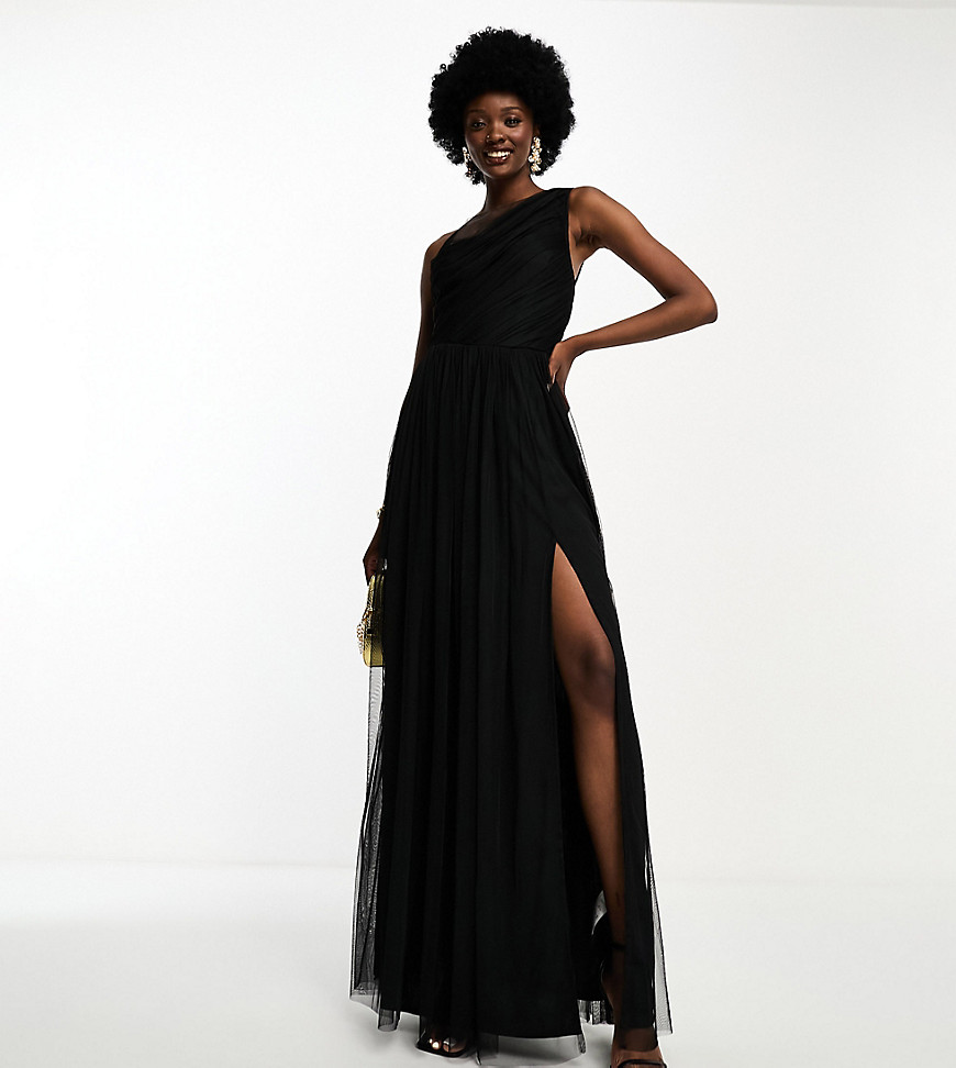 Bridesmaid tulle one shoulder maxi dress in black