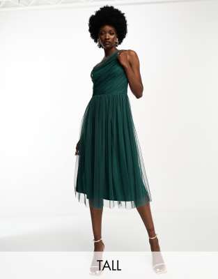 Anaya Tall Anaya Tall Bridesmaid tulle one shoulder midi dress in emerald green