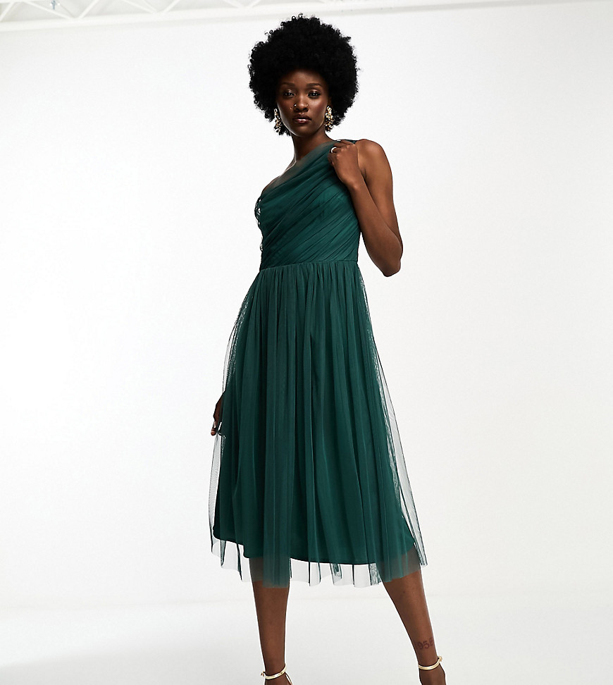 Bridesmaid tulle one shoulder midi dress in emerald green