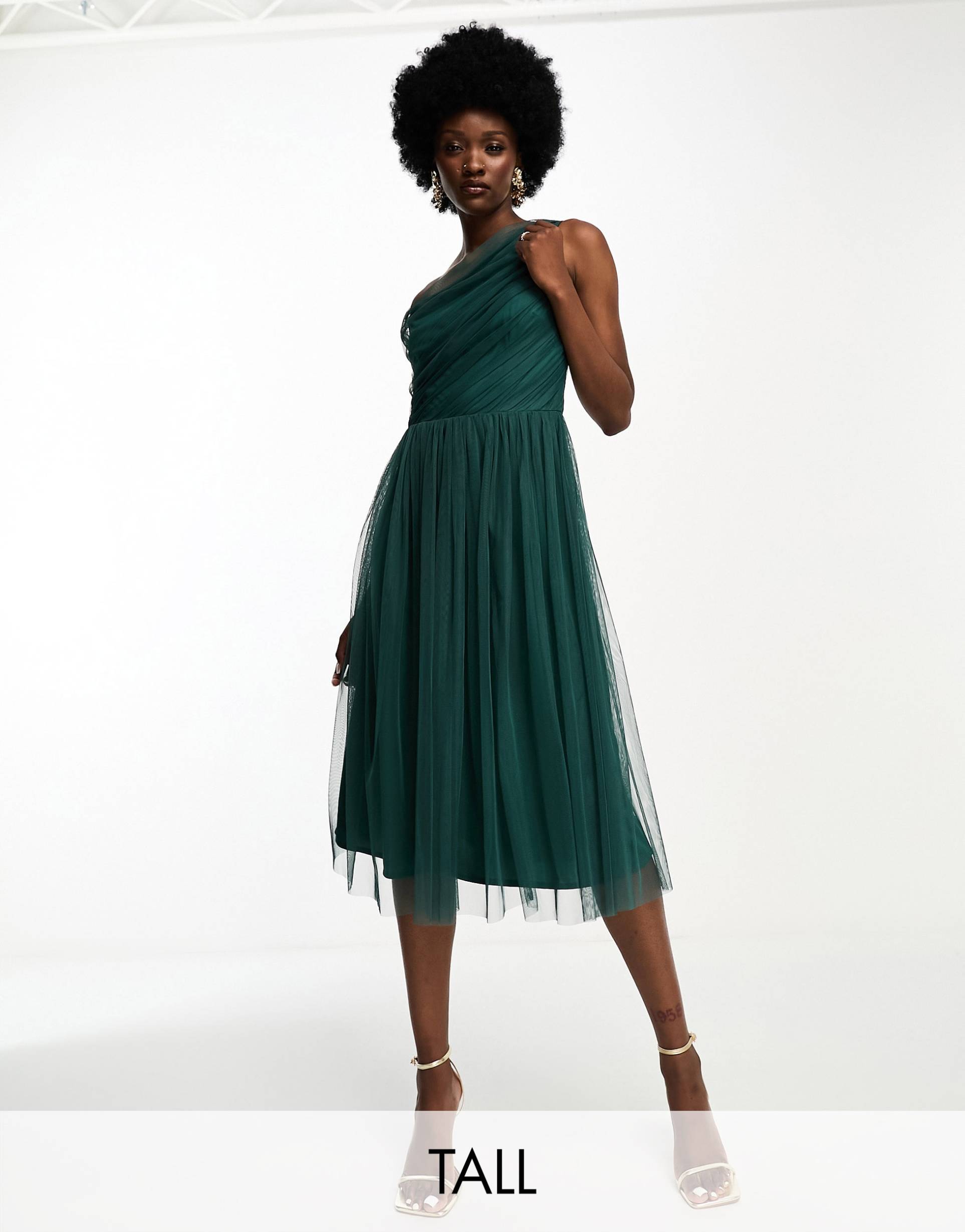 anaya tall bridesmaid tulle one shoulder midi dress in emerald green