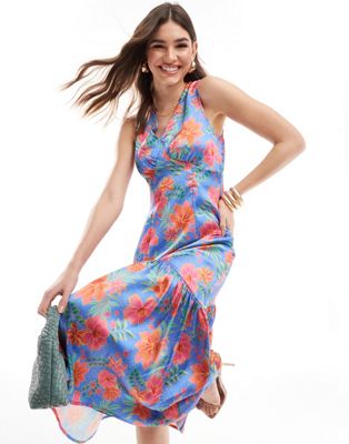 tie back satin midaxi dress in tropical blue floral