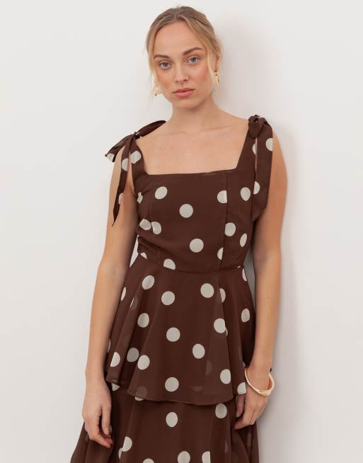 Anaya tie shoulder tiered maxi dress in brown polka dot, 2 of 4