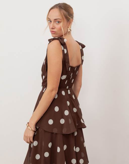 Anaya tie shoulder tiered maxi dress in brown polka dot, 3 of 4