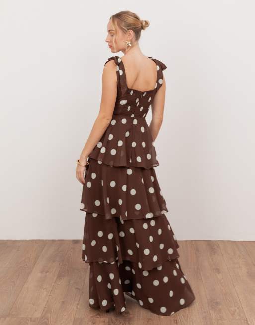 Anaya tie shoulder tiered maxi dress in brown polka dot, 4 of 4