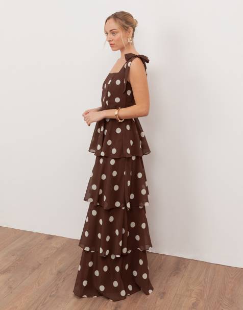 Anaya Tie shoulder tiered maxi dress in brown
