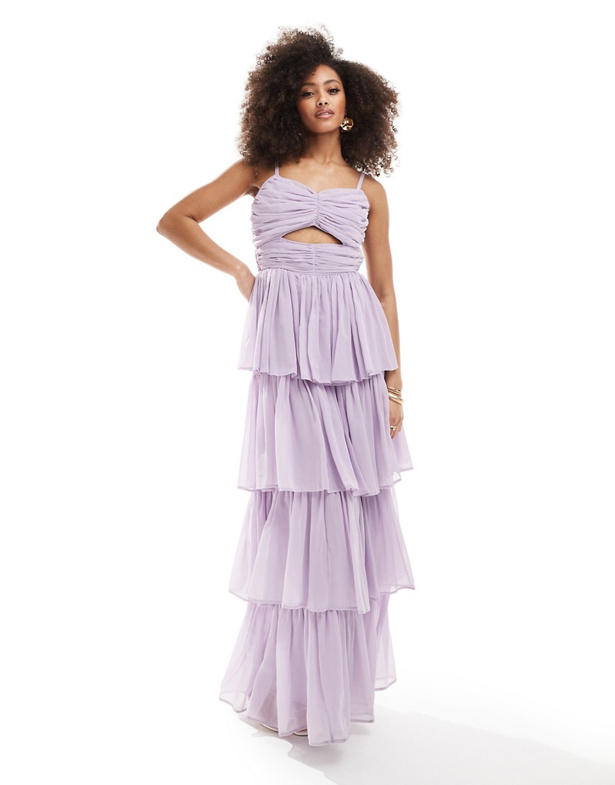 tiered maxi dress with cut out in lavender-Purple