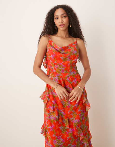 Anaya Tropical print strappy cowl neck midi dress in multi