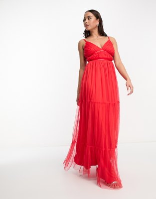 Anaya - Tüll-Maxikleid in leuchtendem Rot mit gestuftem Rock