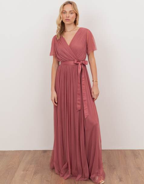 Anaya Tulle faux wrap short sleeve maxi dress in faded rose - view 1