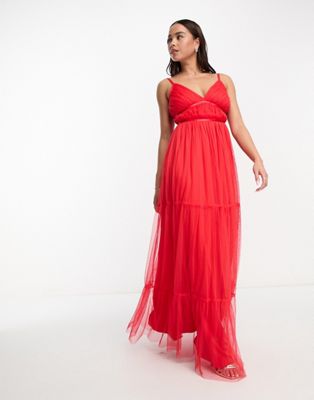 tulle maxi dress with tiered skirt in bright red