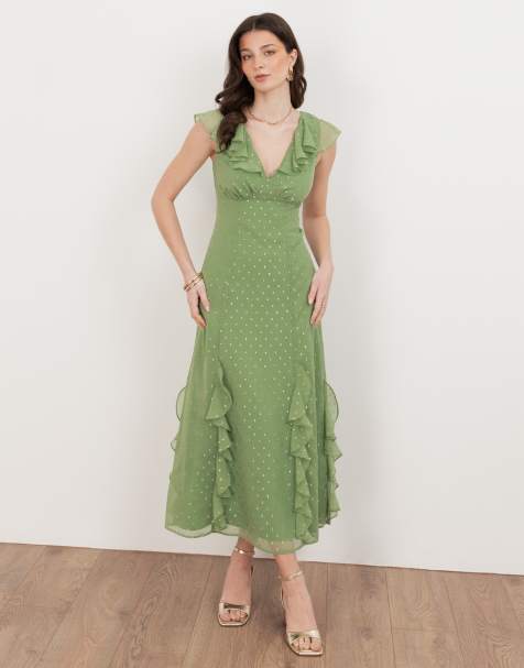Anaya V neck ruffle midaxi dress in green tea - view 1