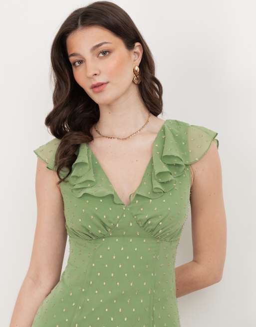 Anaya V neck ruffle midaxi dress in green tea, 2 of 4