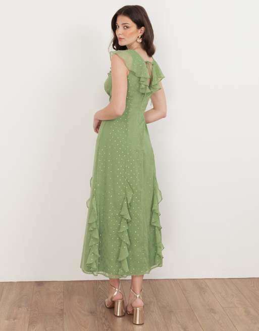 Anaya V neck ruffle midaxi dress in green tea, 3 of 4