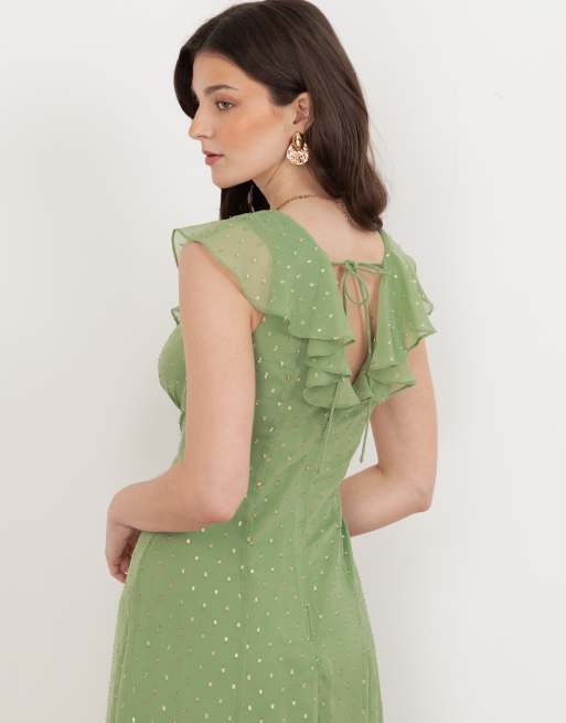 Anaya V neck ruffle midaxi dress in green tea, 4 of 4