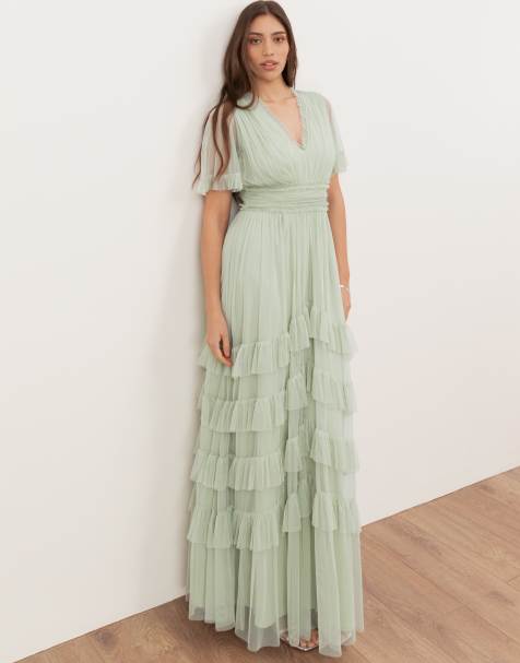 Anaya V neck ruffle tulle maxi dress in soft sage