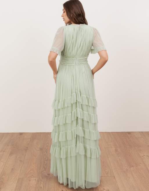 Anaya V neck ruffle tulle maxi dress in soft sage, 2 of 4
