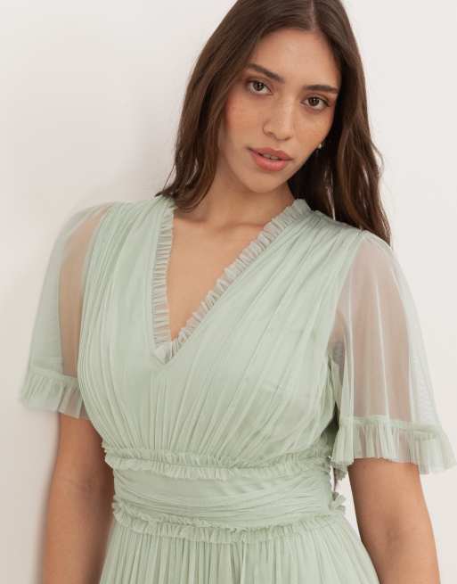 Anaya V neck ruffle tulle maxi dress in soft sage, 3 of 4