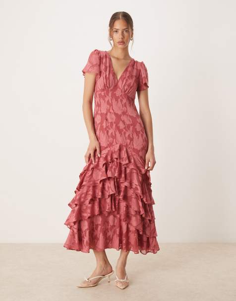 Anaya V neck short sleeve ruffle midaxi dress in garnet rose