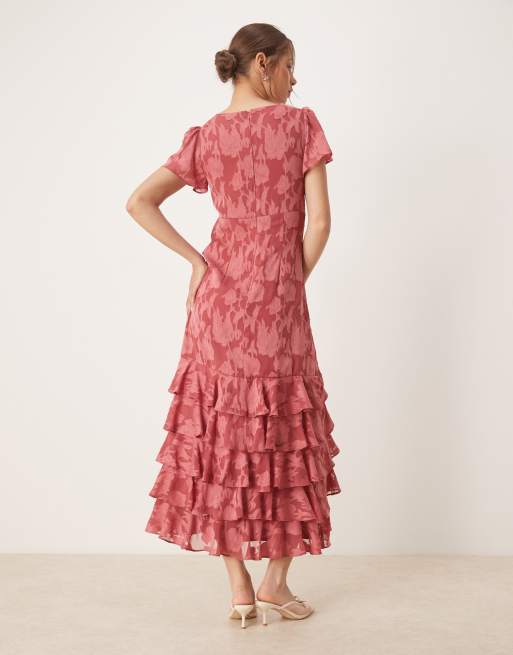 Anaya V neck short sleeve ruffle midaxi dress in garnet rose, 2 of 4