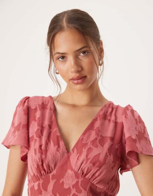 Anaya V neck short sleeve ruffle midaxi dress in garnet rose, 3 of 4
