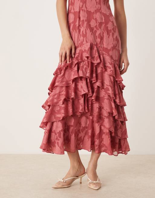 Anaya V neck short sleeve ruffle midaxi dress in garnet rose, 4 of 4