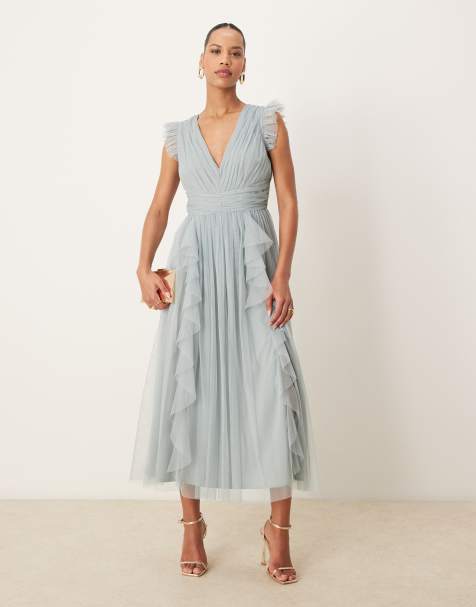 Anaya V neck waterfall midaxi dress in cloud blue