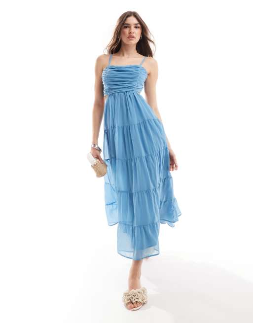 Anaya - Vestito con gonna al polpaccio e spalline sottili a balze con allacciatura sul retro blu