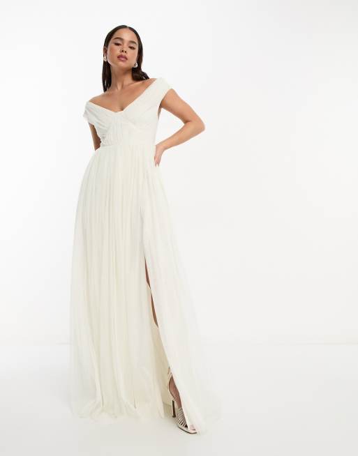 Anaya - Vestito da sposa lungo in tulle color avorio con spacco e scollo alla Bardot