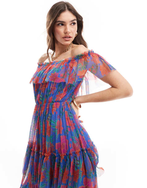 Anaya - Vestito lungo a fiori tropicali con volant e spalle scoperte - view 1