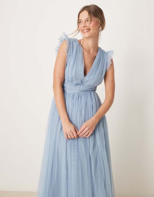 Anaya - Vestito lungo color azzurro tenue con scollo a V profondo, 3 di 4