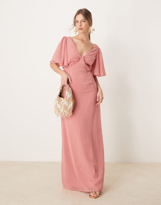 Anaya - Vestito lungo color rosa polvere con scollo a V e maniche corte con volant