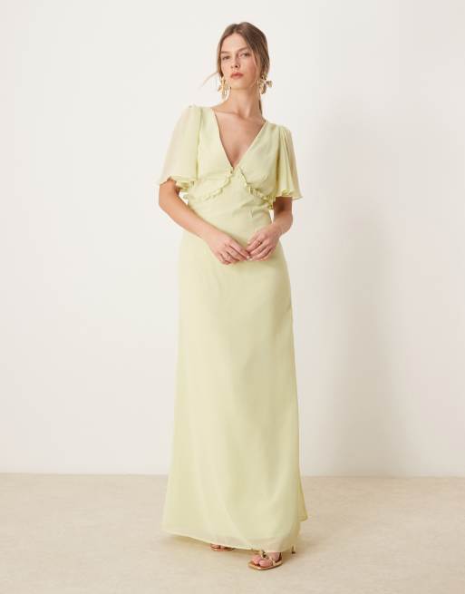 Anaya - Vestito lungo color verde primavera con scollo a V e maniche corte con volant