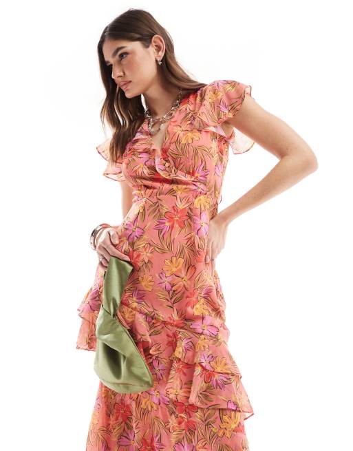 Anaya - Vestito lungo con allacciatura sul retro e volant color corallo a fiori