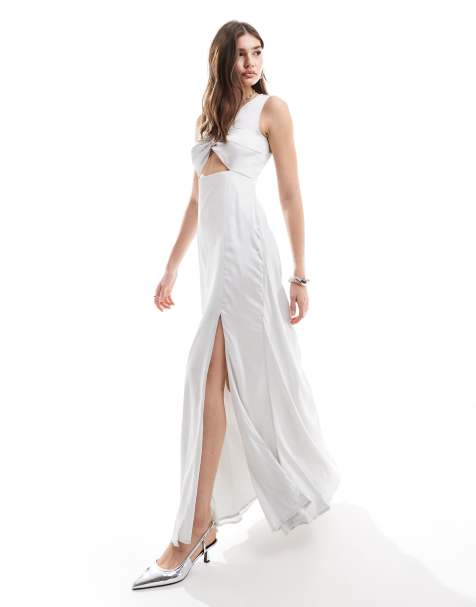 Anaya - Vestito lungo da damigella in raso grigio argento con cut-out - view 1